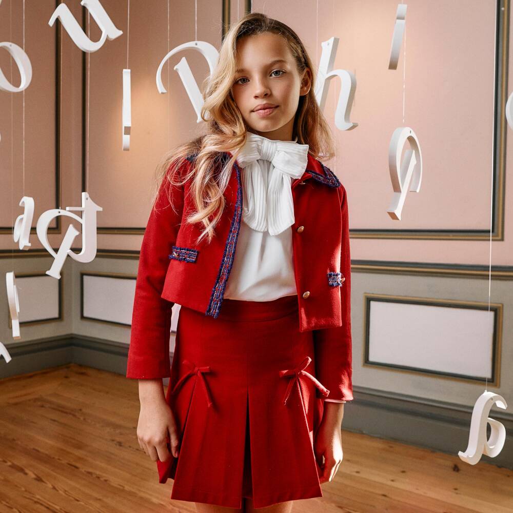 Patachou-Girls Red Jacket with Blue Tweed Trims | Childrensalon