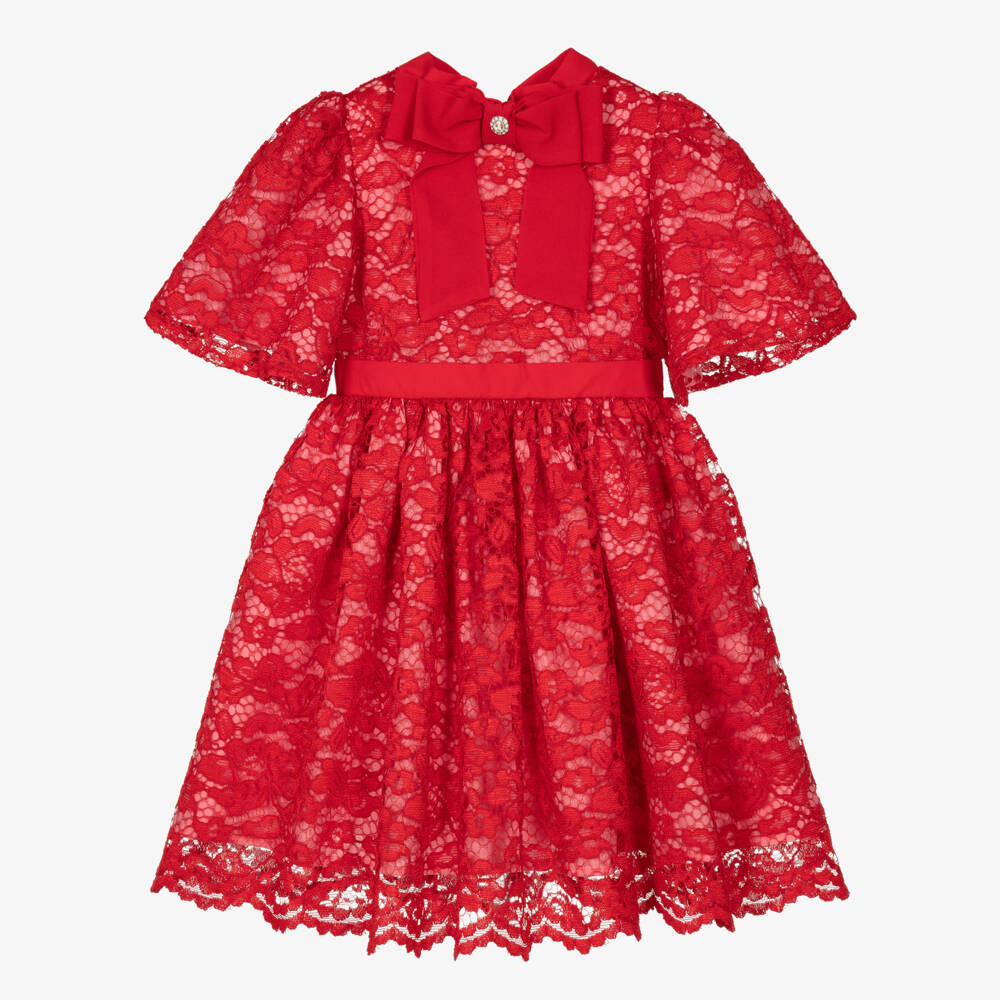 Patachou-Girls Red Lace Dress with Bow | Childrensalon