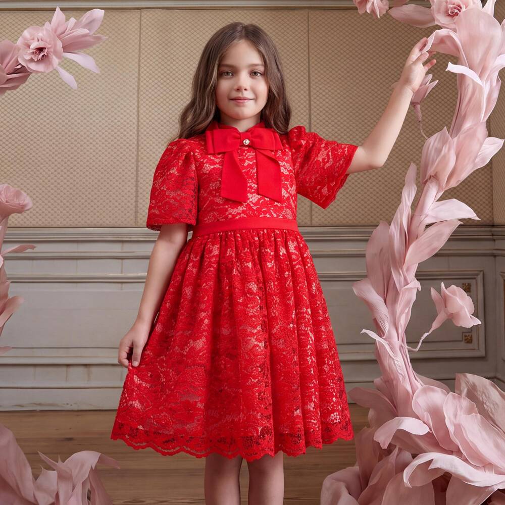 Patachou-Girls Red Lace Dress with Bow | Childrensalon