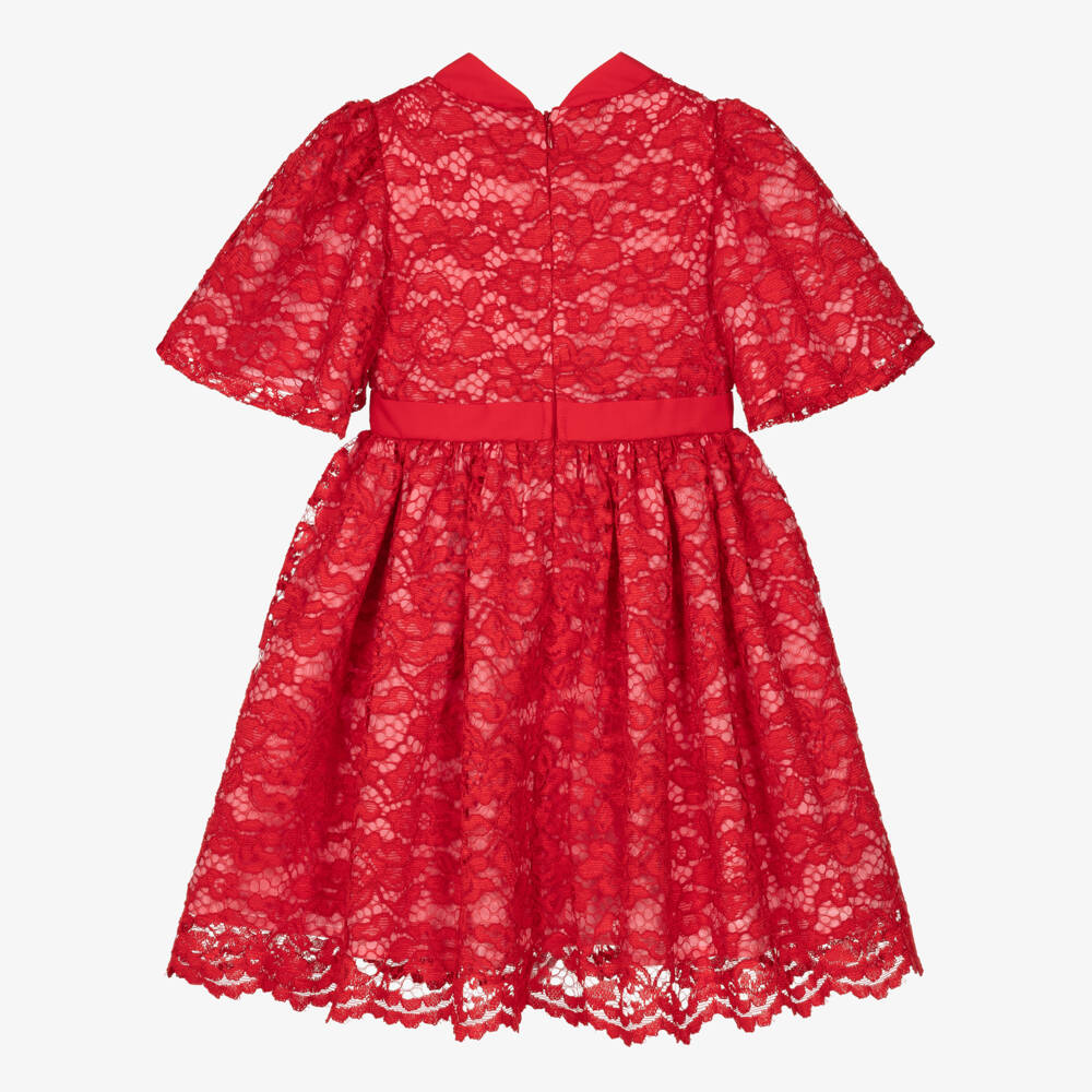 Patachou-Girls Red Lace Dress with Bow | Childrensalon