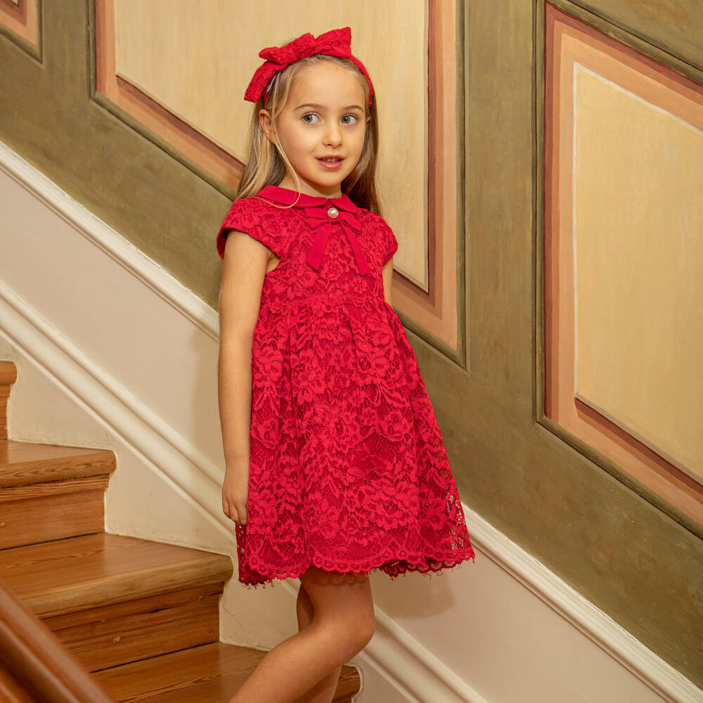 Patachou-Платье красное кружевное с шифоновым бантом для девочек | Childrensalon