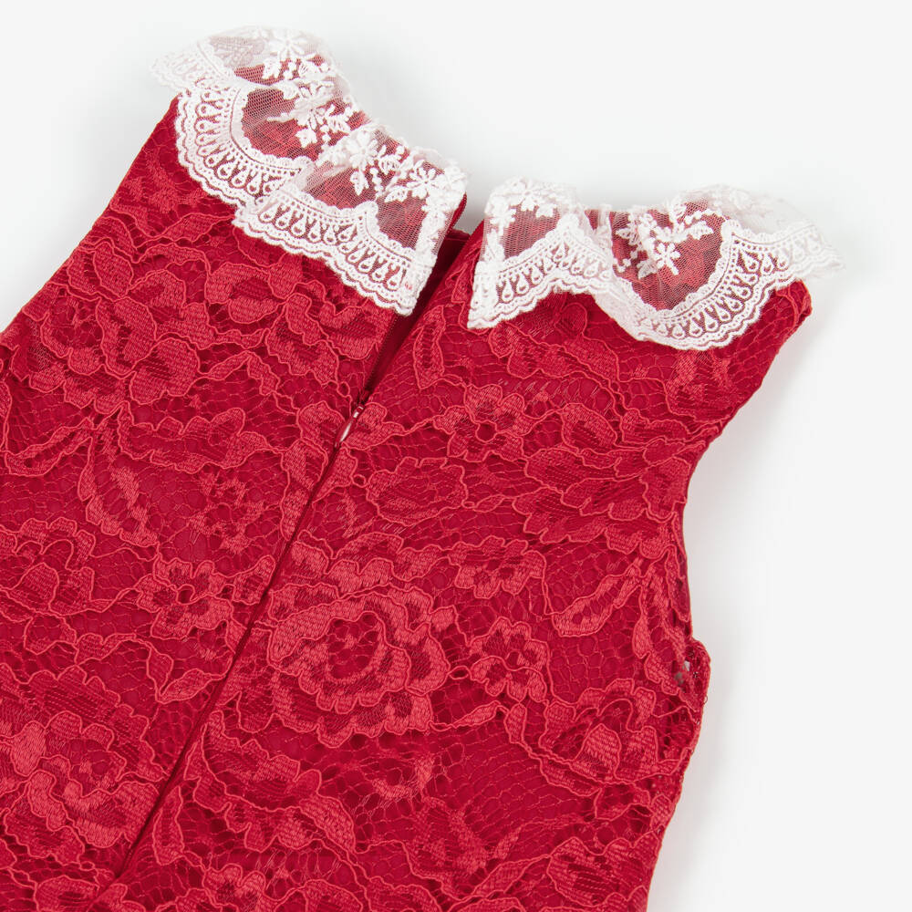 Patachou-Girls Red Lace Dress with White Collar | Childrensalon