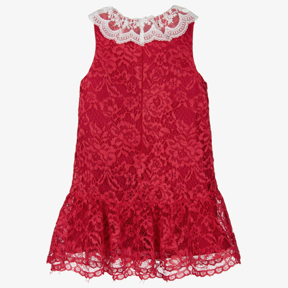 Patachou-Girls Red Lace Dress with White Collar | Childrensalon
