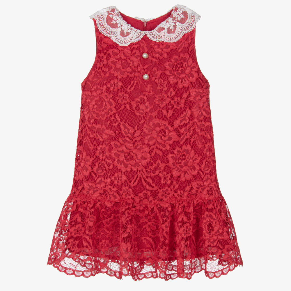 Patachou-Girls Red Lace Dress with White Collar | Childrensalon