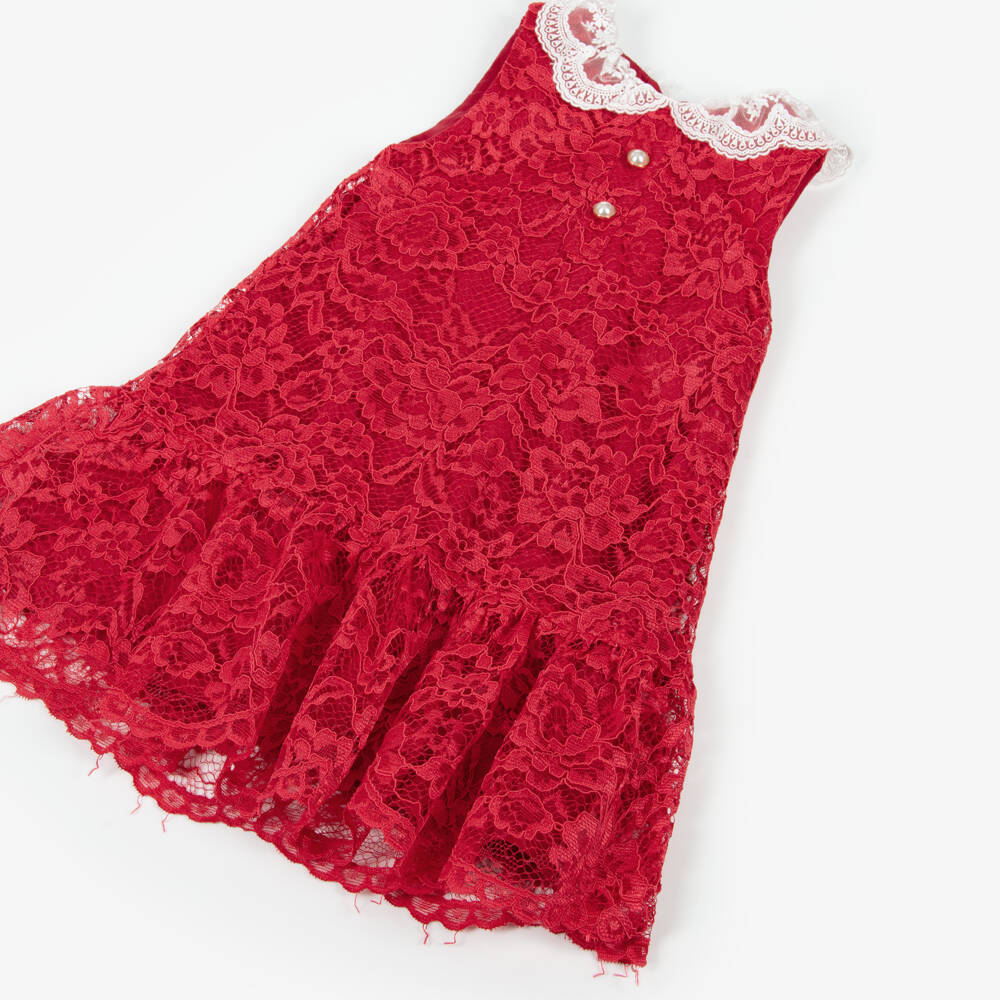 Patachou-Girls Red Lace Dress with White Collar | Childrensalon