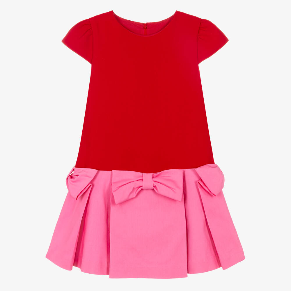 Patachou-Girls Red & Pink Crêpe Dress with Bow Details | Childrensalon