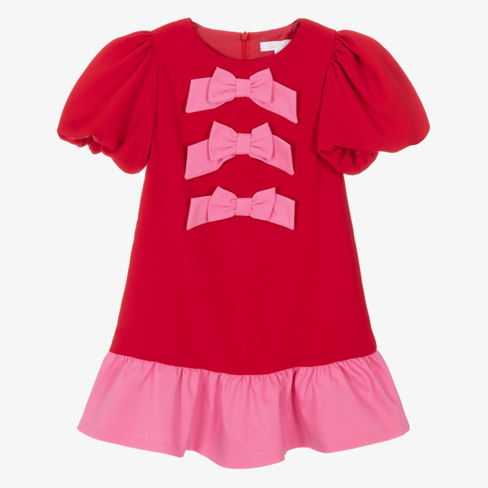 Patachou-فستان مزين بفيونكات وكشكش لون أحمر وزهري للبنات | Childrensalon