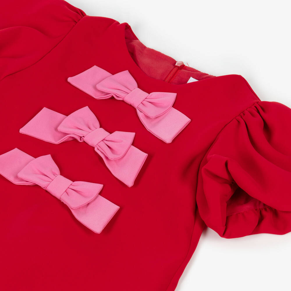 Patachou-فستان مزين بفيونكات وكشكش لون أحمر وزهري للبنات | Childrensalon