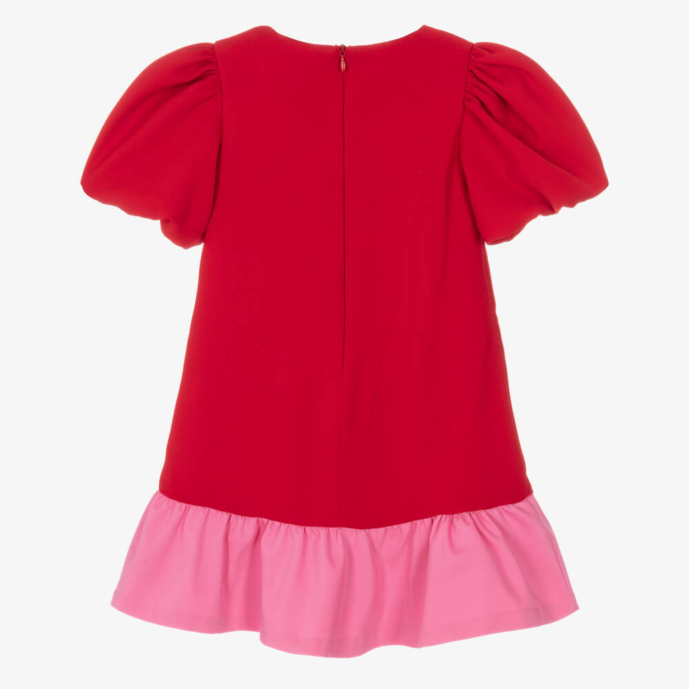 Patachou-فستان مزين بفيونكات وكشكش لون أحمر وزهري للبنات | Childrensalon