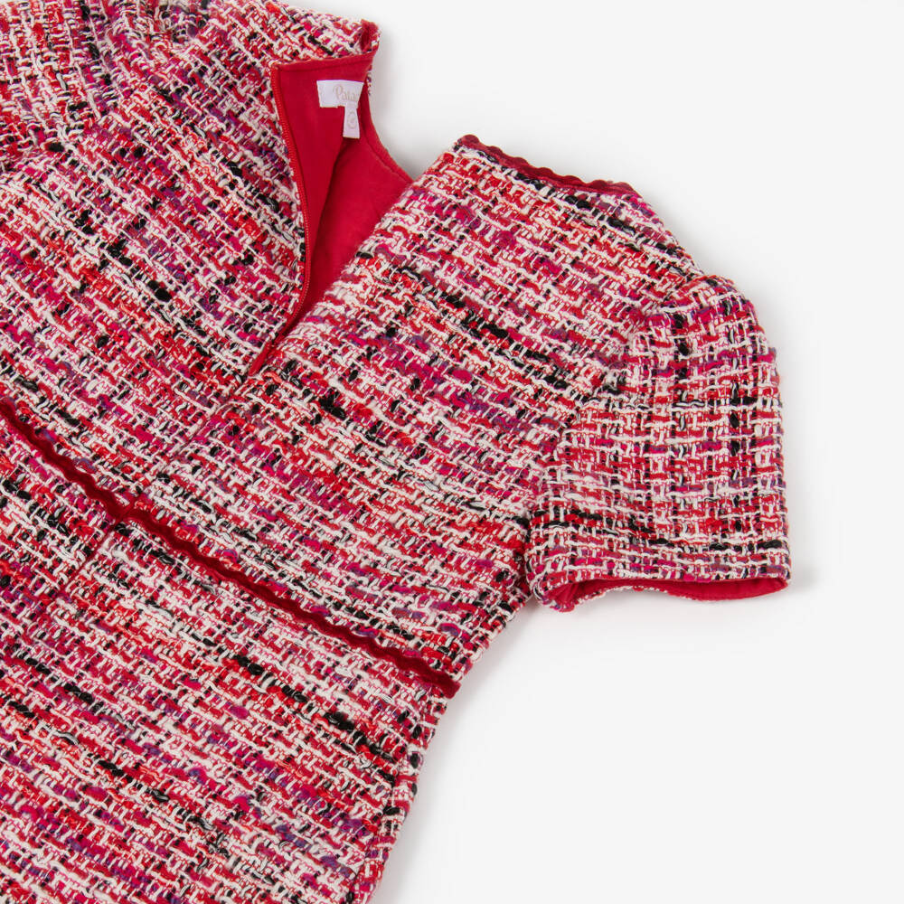 Patachou-Girls Red Tweed Dress with Velvet Bow | Childrensalon