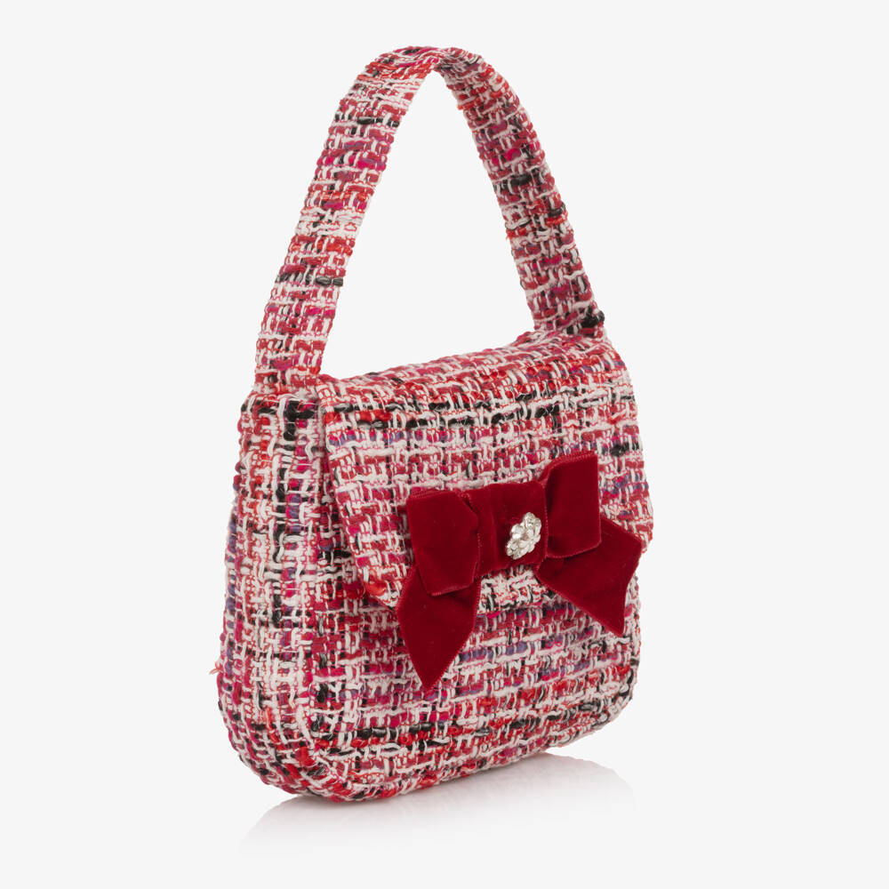 Patachou-Girls Red Tweed Handbag with Velvet Bow (18cm) | Childrensalon