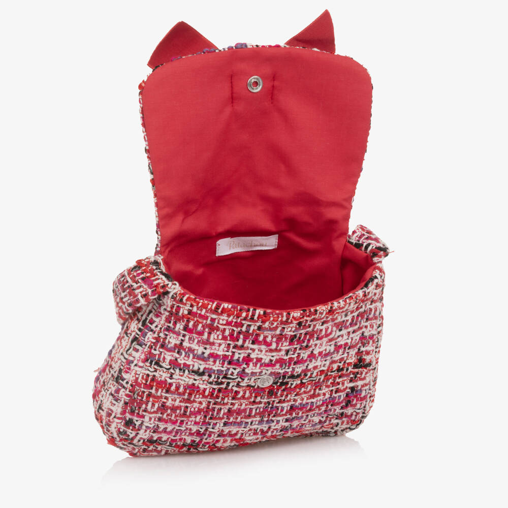 Patachou-Girls Red Tweed Handbag with Velvet Bow (18cm) | Childrensalon