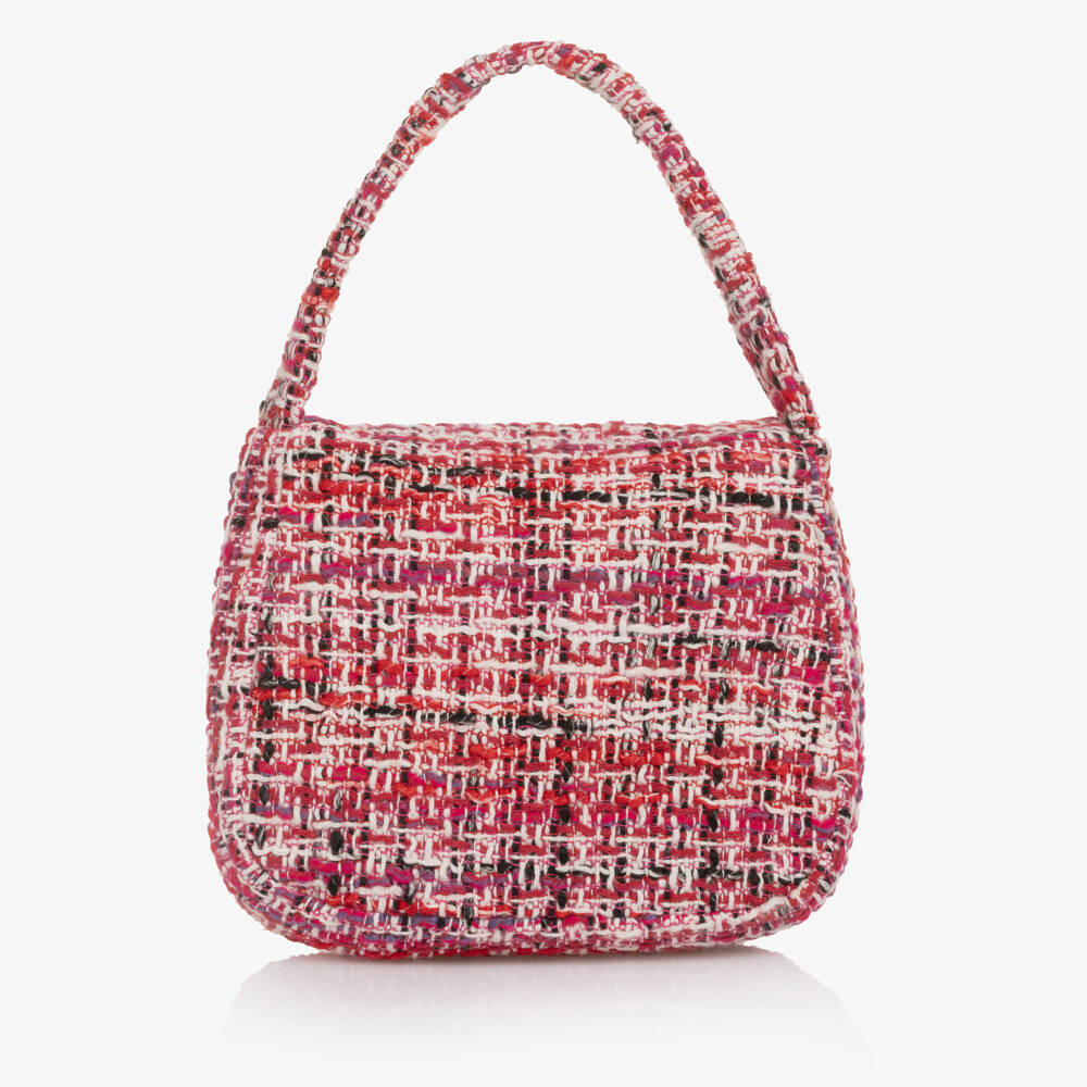 Patachou-Girls Red Tweed Handbag with Velvet Bow (18cm) | Childrensalon