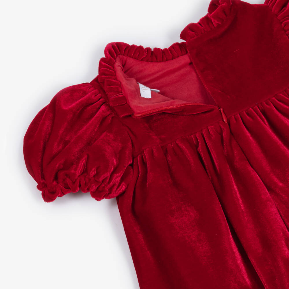 Patachou-Girls Red Velour & Diamanté Bow Ruffle Collar Dress | Childrensalon