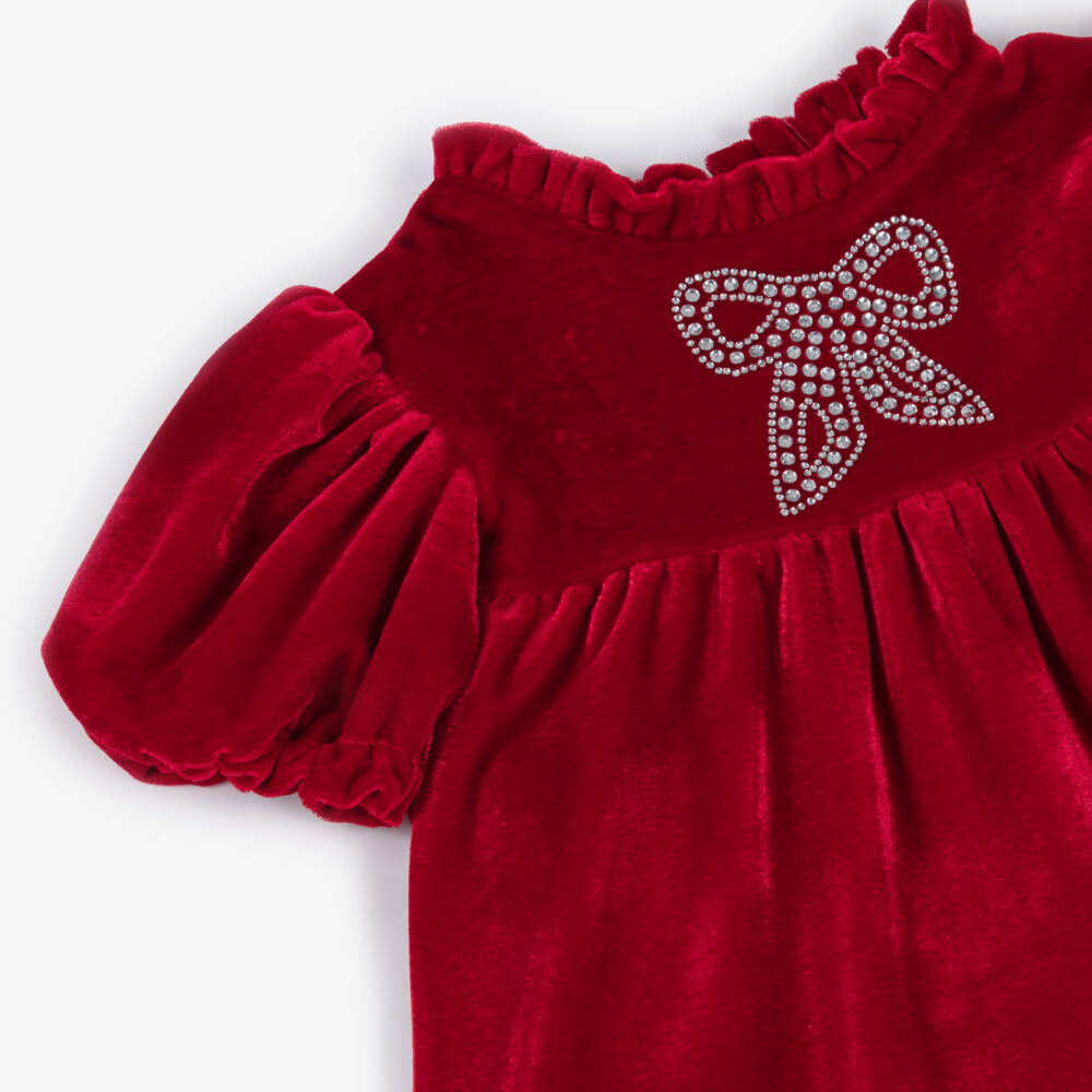 Patachou-Girls Red Velour & Diamanté Bow Ruffle Collar Dress | Childrensalon