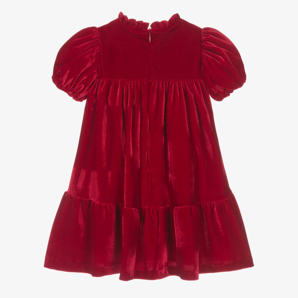 Patachou-Girls Red Velour & Diamanté Bow Ruffle Collar Dress | Childrensalon