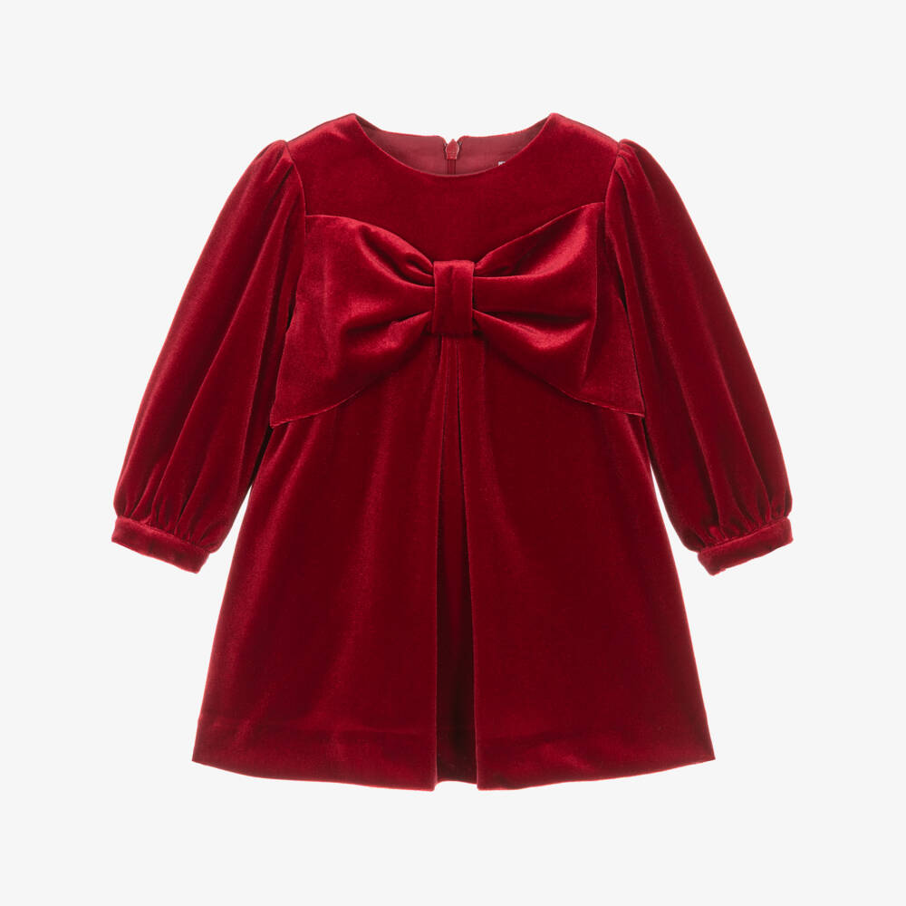 Patachou-Girls Red Velour Dress with Bow | Childrensalon