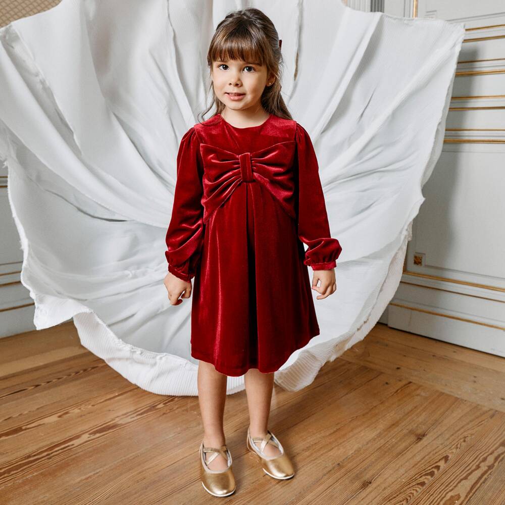 Patachou-Girls Red Velour Dress with Bow | Childrensalon