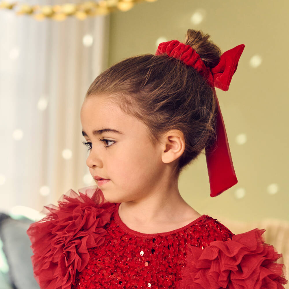 Patachou-ربطة شعر فيونكة مخمل لون أحمر للبنات (15 سم) | Childrensalon