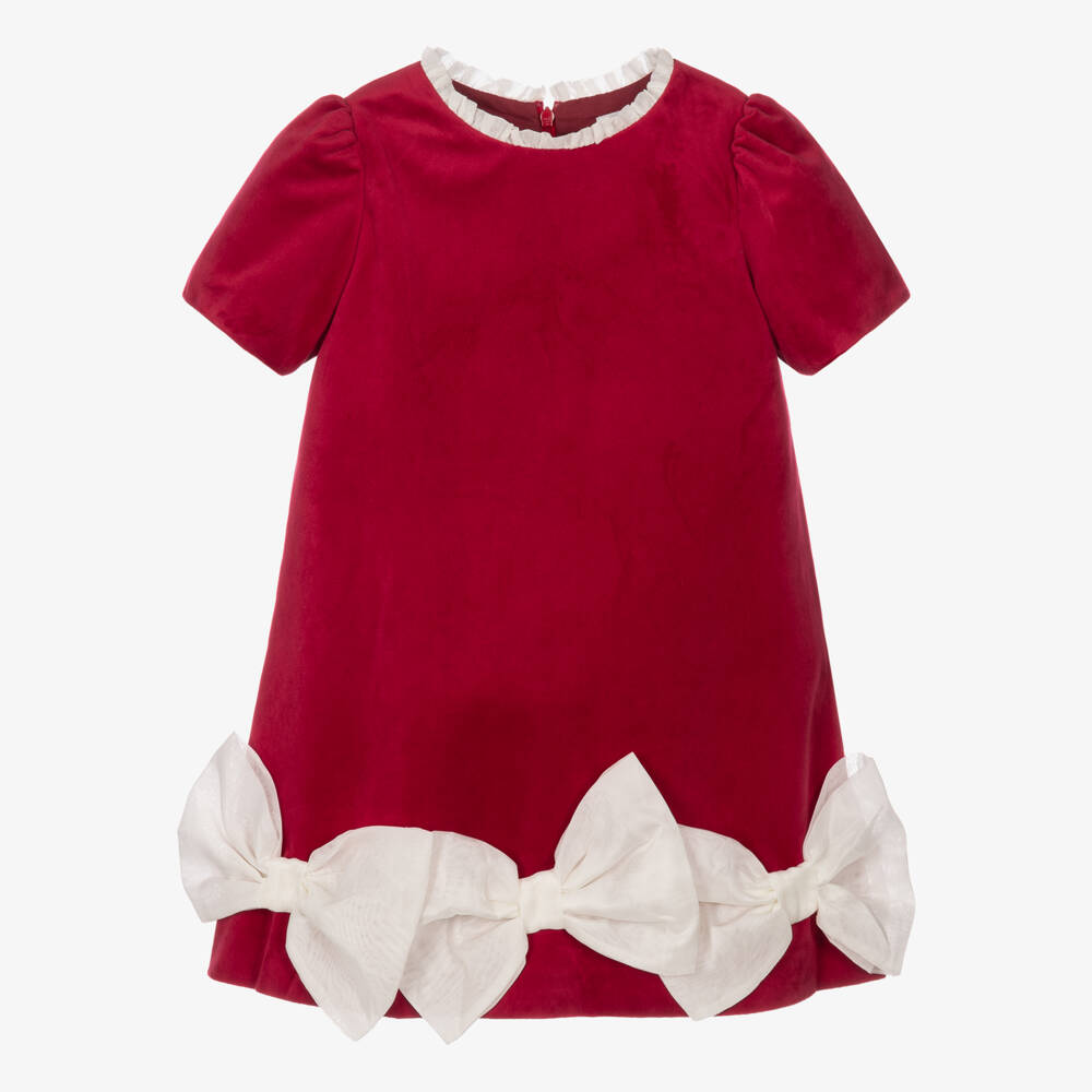 Patachou-Girls Red Velvet Dress with Ivory Bows | Childrensalon