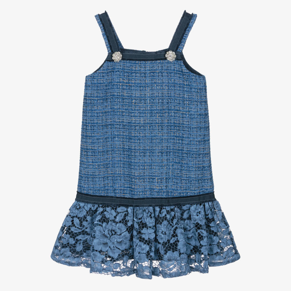 Patachou-Girls Sparkly Blue Tweed & Guipure Lace Dress | Childrensalon