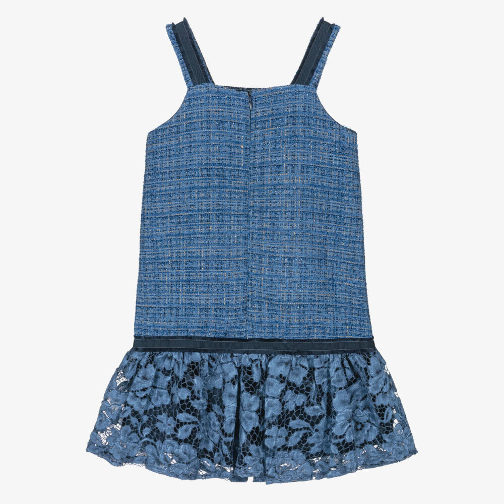 Patachou-Girls Sparkly Blue Tweed & Guipure Lace Dress | Childrensalon