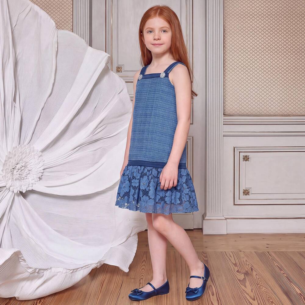 Patachou-Girls Sparkly Blue Tweed & Guipure Lace Dress | Childrensalon