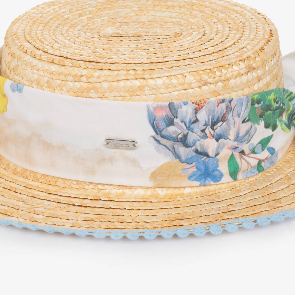 Patachou-Girls Straw Boater Hat with Blue Floral Ribbon & Tassel Trim | Childrensalon