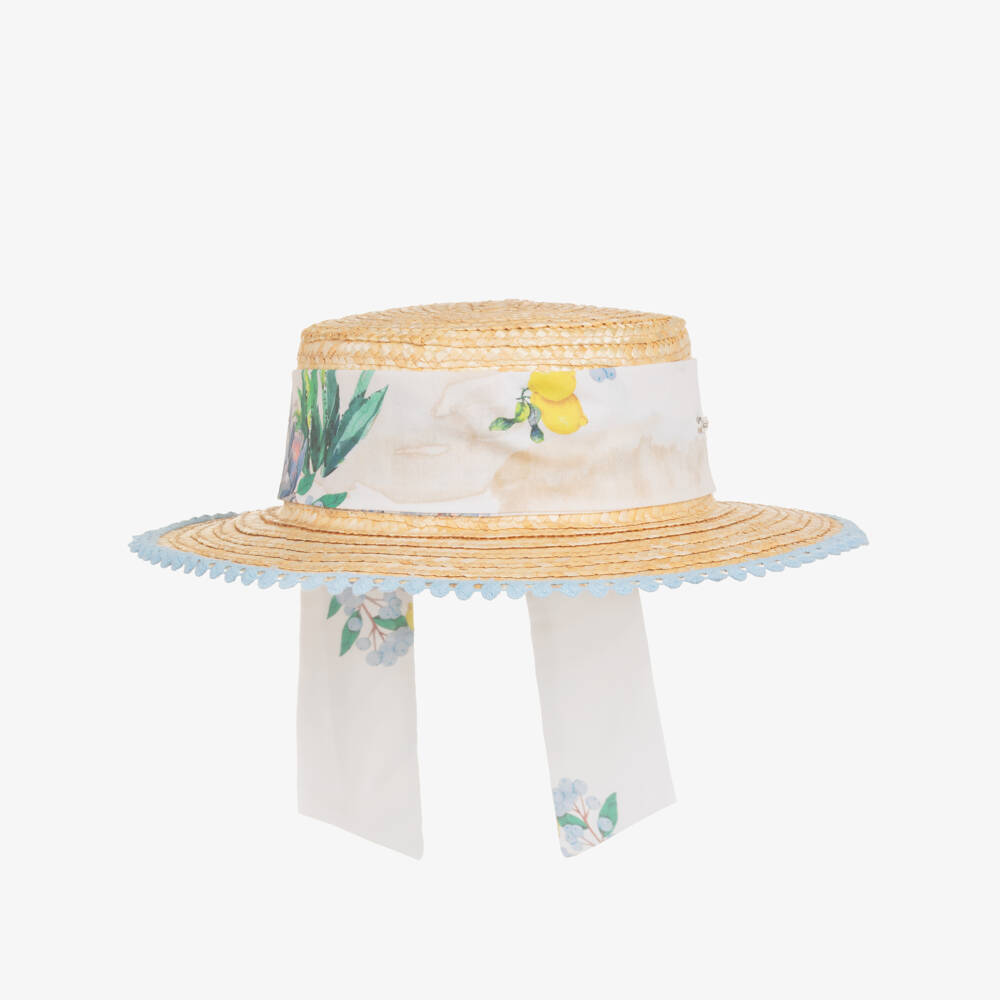 Patachou-Girls Straw Boater Hat with Blue Floral Ribbon & Tassel Trim | Childrensalon