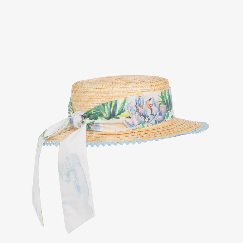 Patachou-Girls Straw Boater Hat with Blue Floral Ribbon & Tassel Trim | Childrensalon