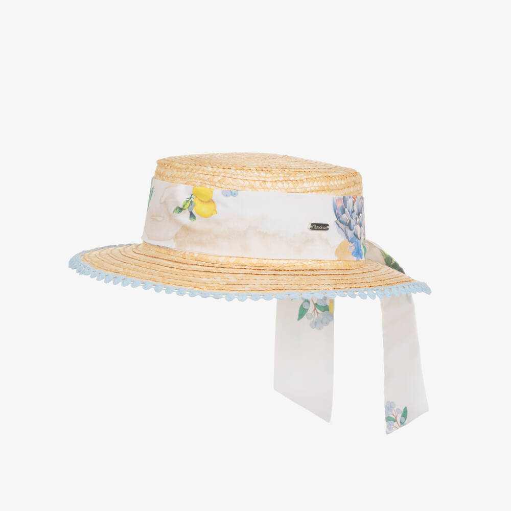 Patachou-Girls Straw Boater Hat with Blue Floral Ribbon & Tassel Trim | Childrensalon