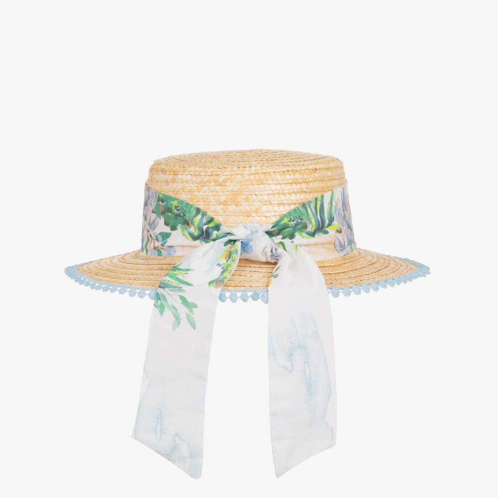 Patachou-Girls Straw Boater Hat with Blue Floral Ribbon & Tassel Trim | Childrensalon