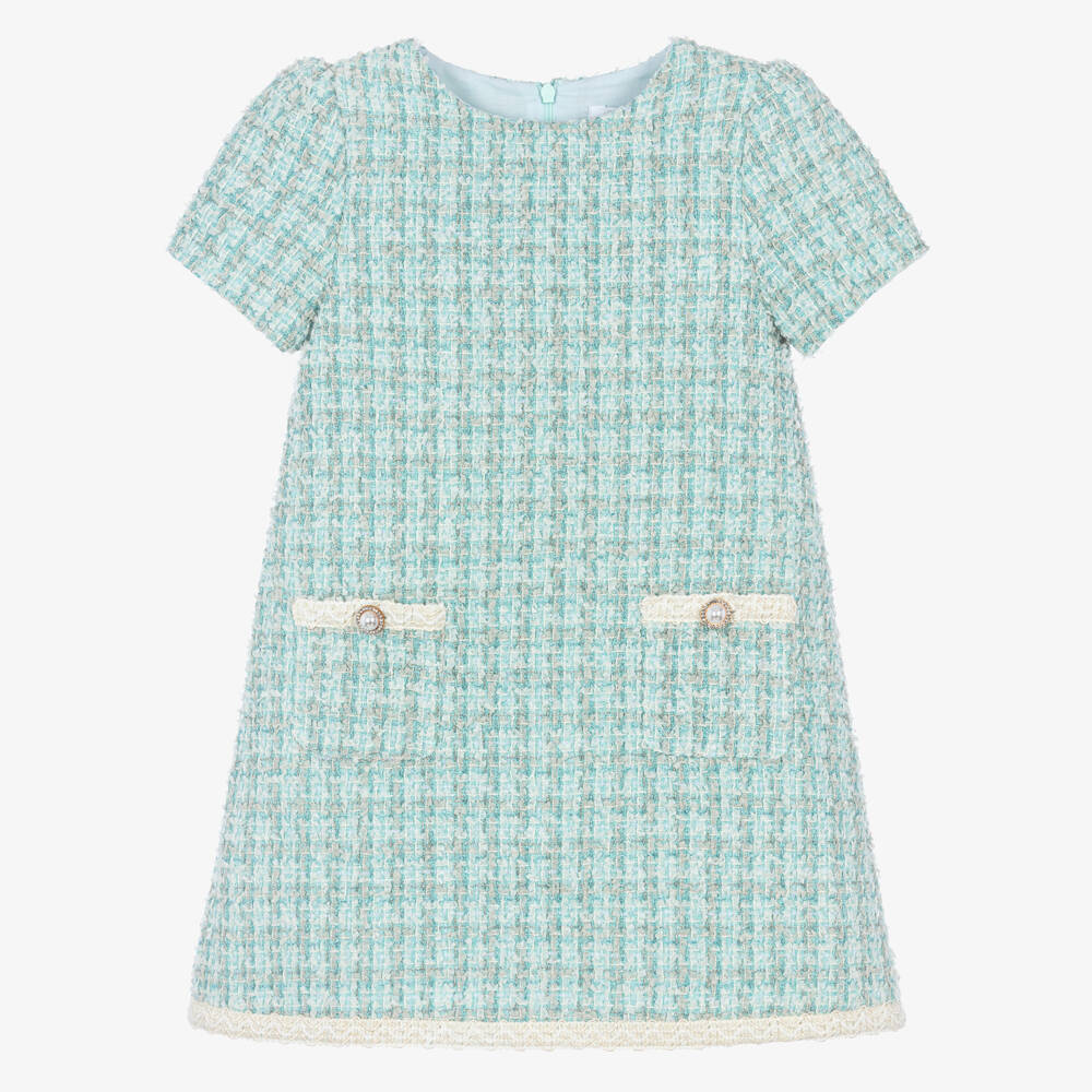 Patachou-Girls Teal Blue & Green Tweed Dress | Childrensalon