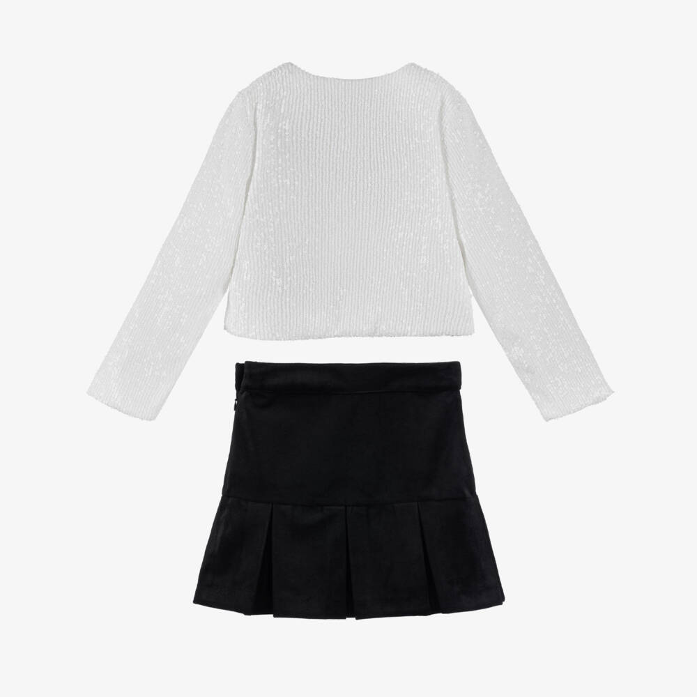 Patachou-Girls White & Black Velvet Skirt Set with Sequins | Childrensalon