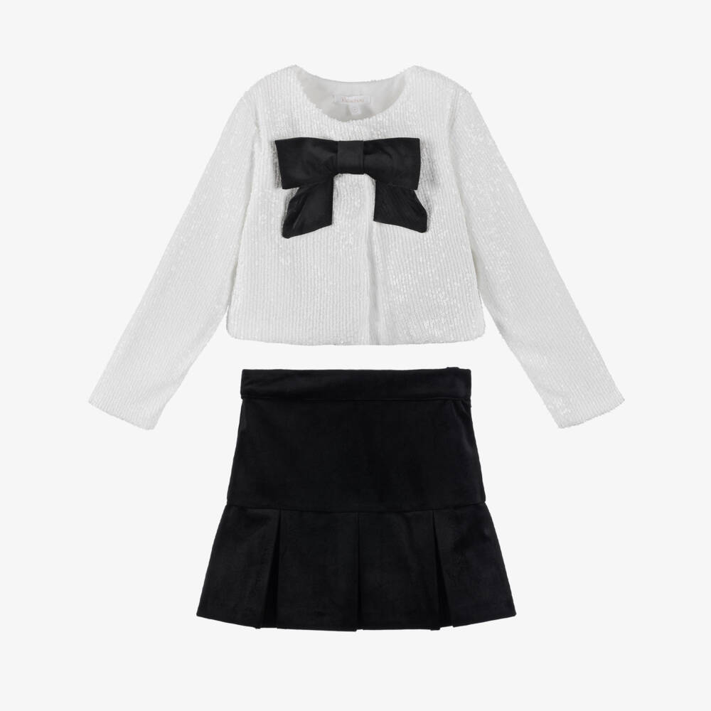 Patachou-Girls White & Black Velvet Skirt Set with Sequins | Childrensalon