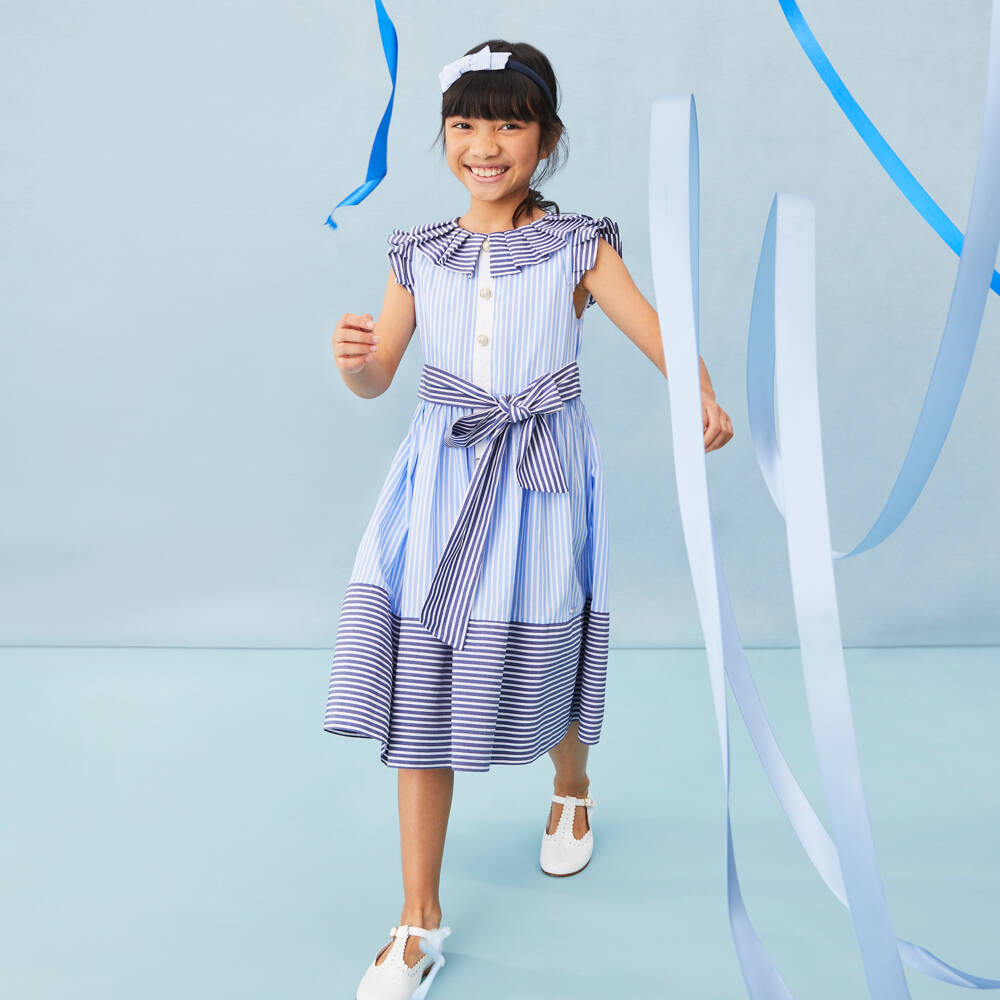 Patachou-Girls White & Blue Contrasting Stripe Cotton Dress | Childrensalon