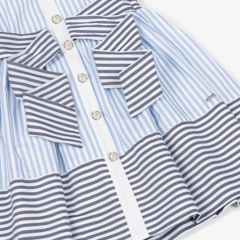 Patachou-Girls White & Blue Contrasting Stripe Cotton Dress | Childrensalon