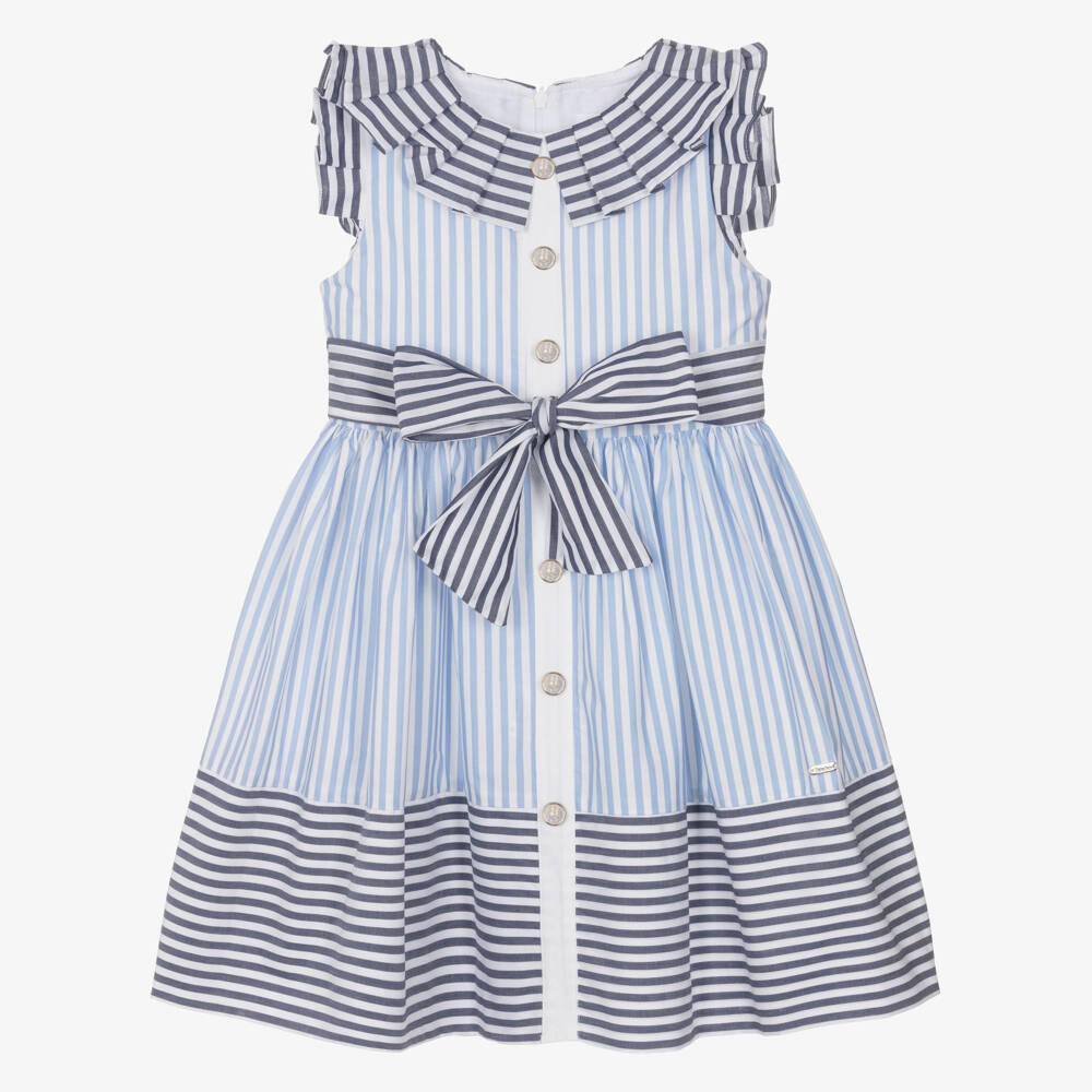 Patachou-Girls White & Blue Contrasting Stripe Cotton Dress | Childrensalon