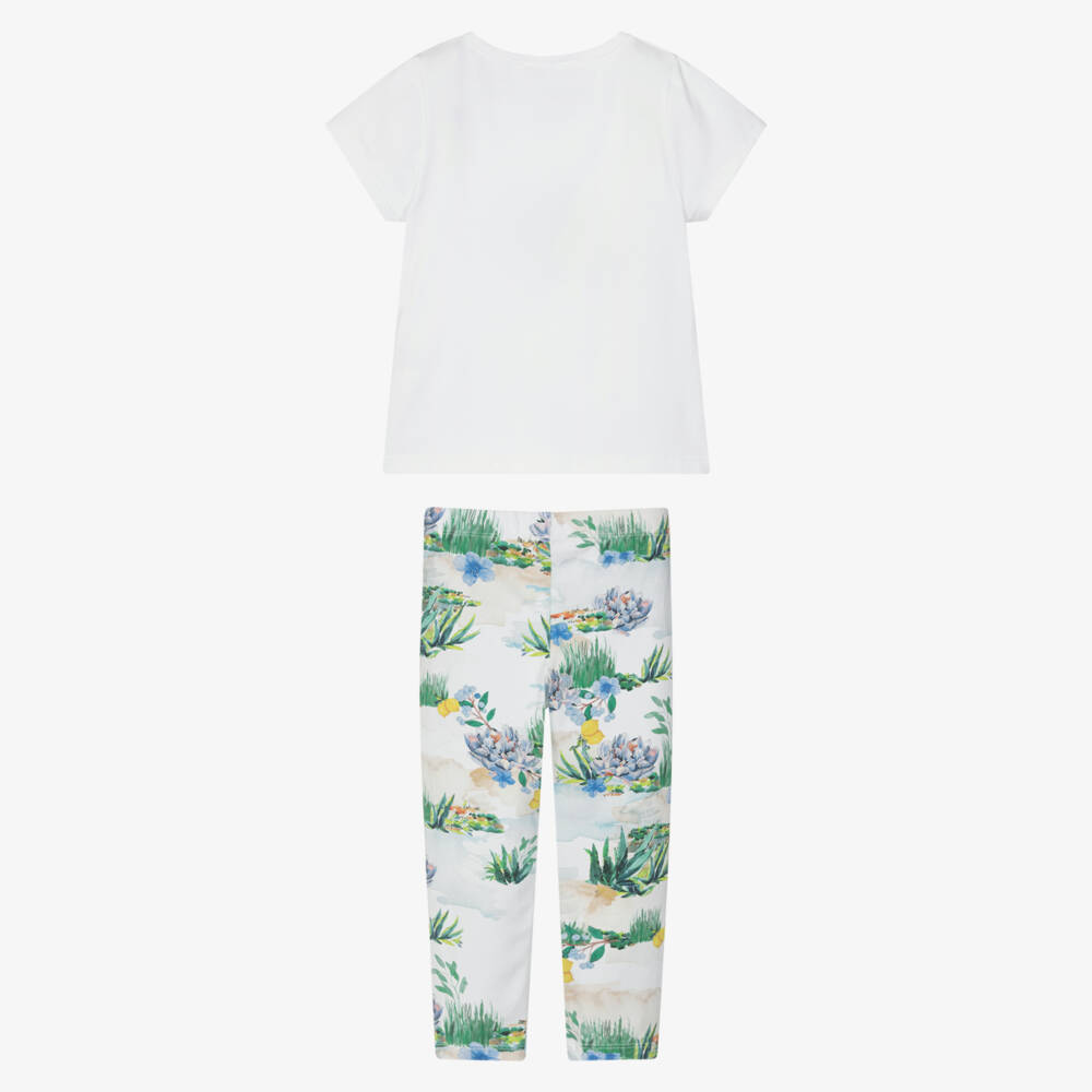 Patachou-Girls White & Blue Mediterranean Print Cotton Leggings Set | Childrensalon