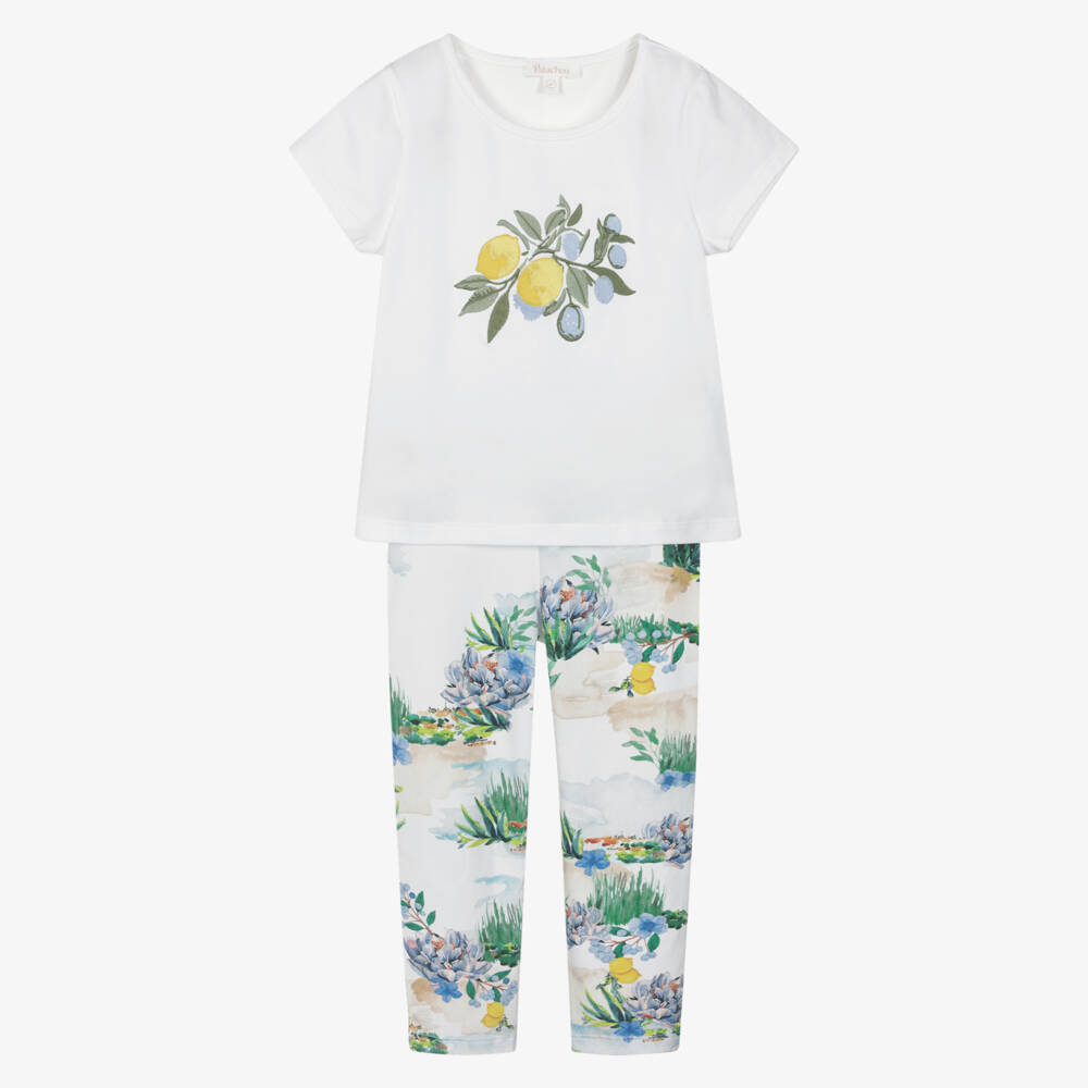 Patachou-Girls White & Blue Mediterranean Print Cotton Leggings Set | Childrensalon