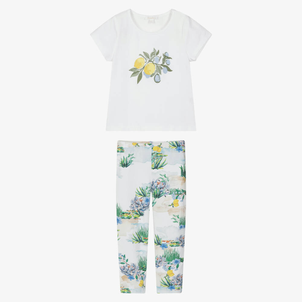 Patachou-Girls White & Blue Mediterranean Print Cotton Leggings Set | Childrensalon