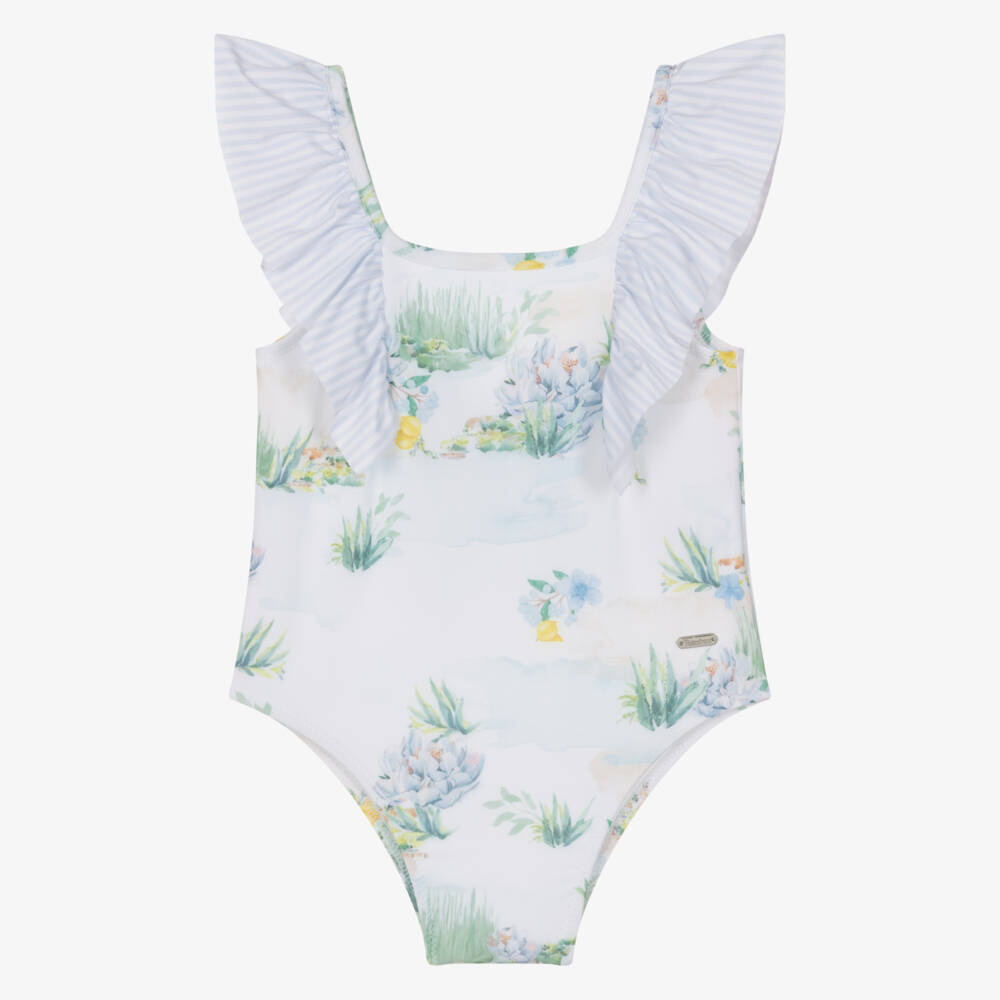 Patachou-Girls White & Blue Mediterranean Print Swimsuit | Childrensalon