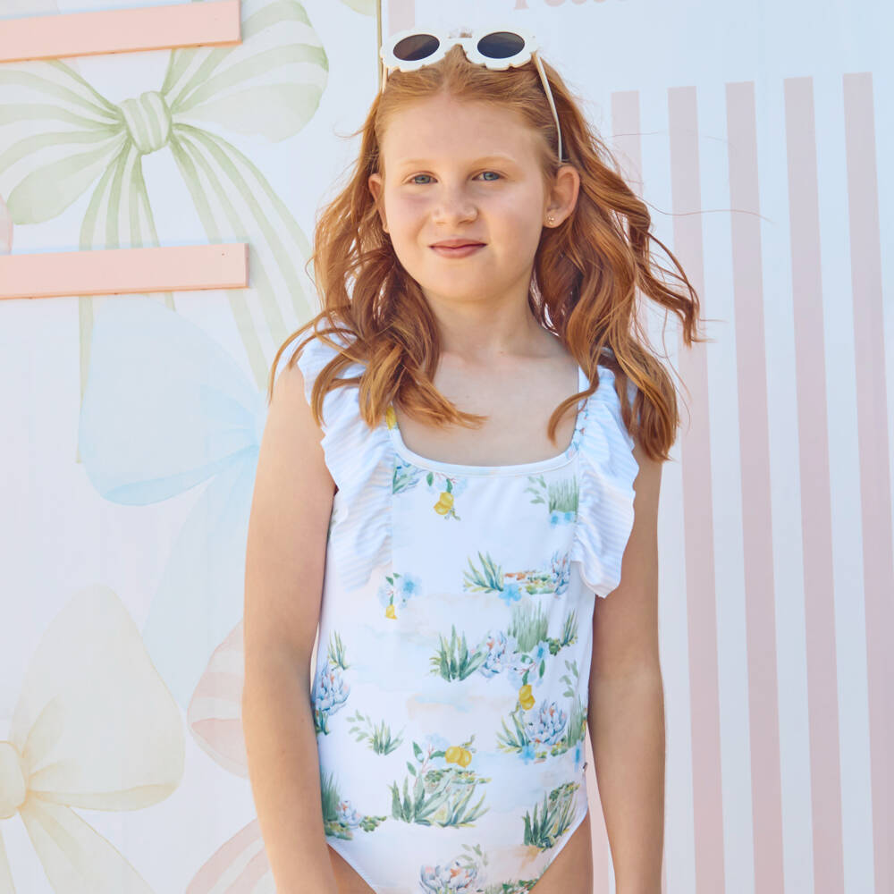 Patachou-Girls White & Blue Mediterranean Print Swimsuit | Childrensalon