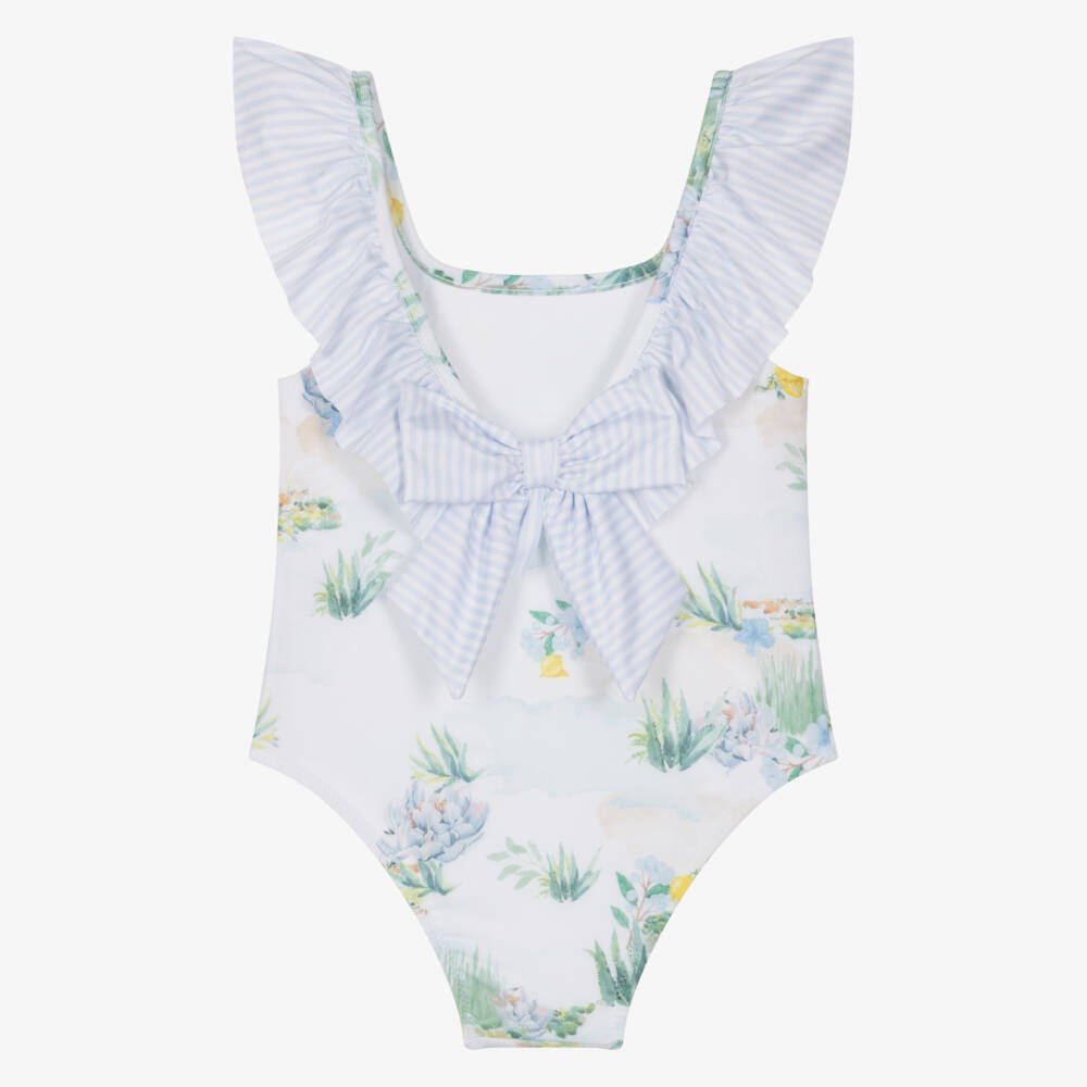 Patachou-Girls White & Blue Mediterranean Print Swimsuit (UV50) | Childrensalon