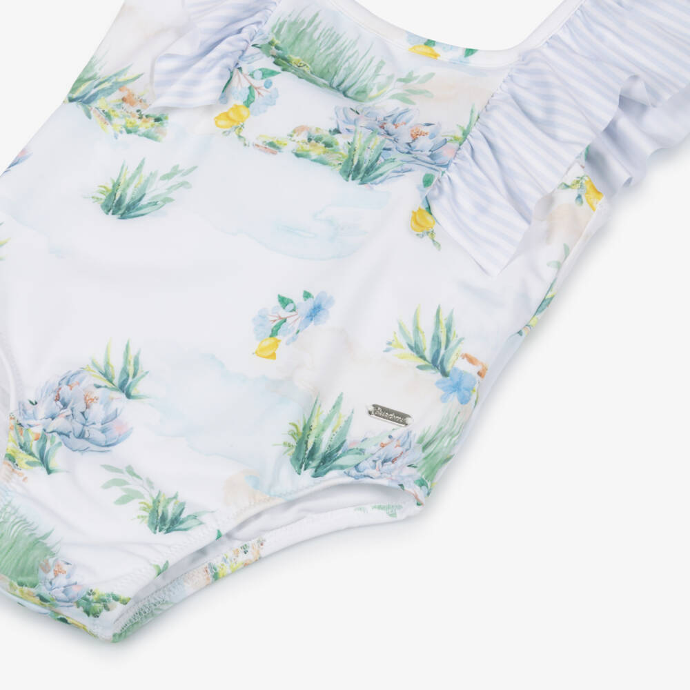 Patachou-Girls White & Blue Mediterranean Print Swimsuit (UV50) | Childrensalon