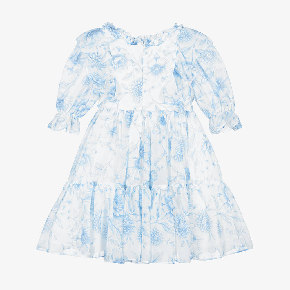 Patachou-Girls White Chiffon Dress with Blue Floral Print | Childrensalon
