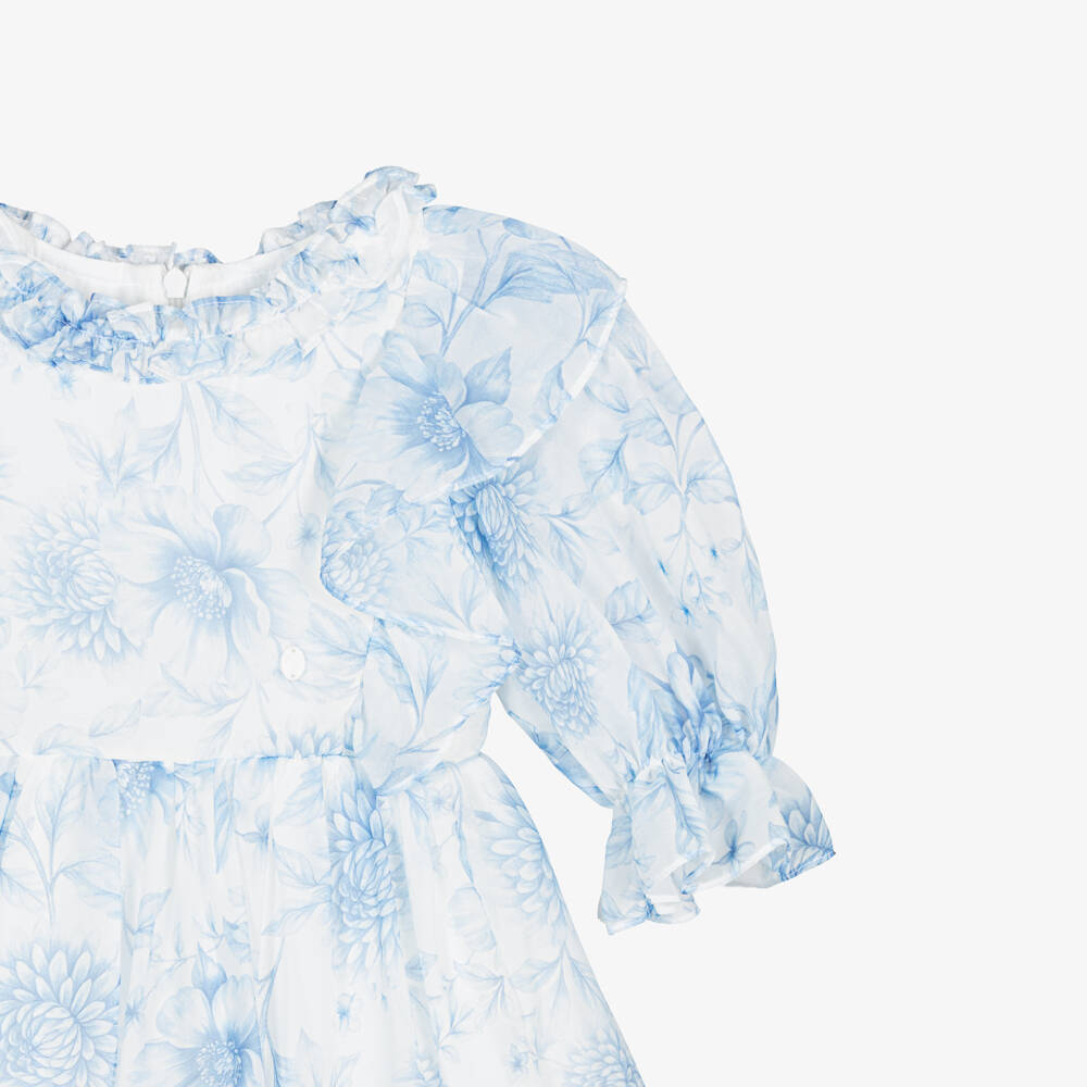 Patachou-Girls White Chiffon Dress with Blue Floral Print | Childrensalon