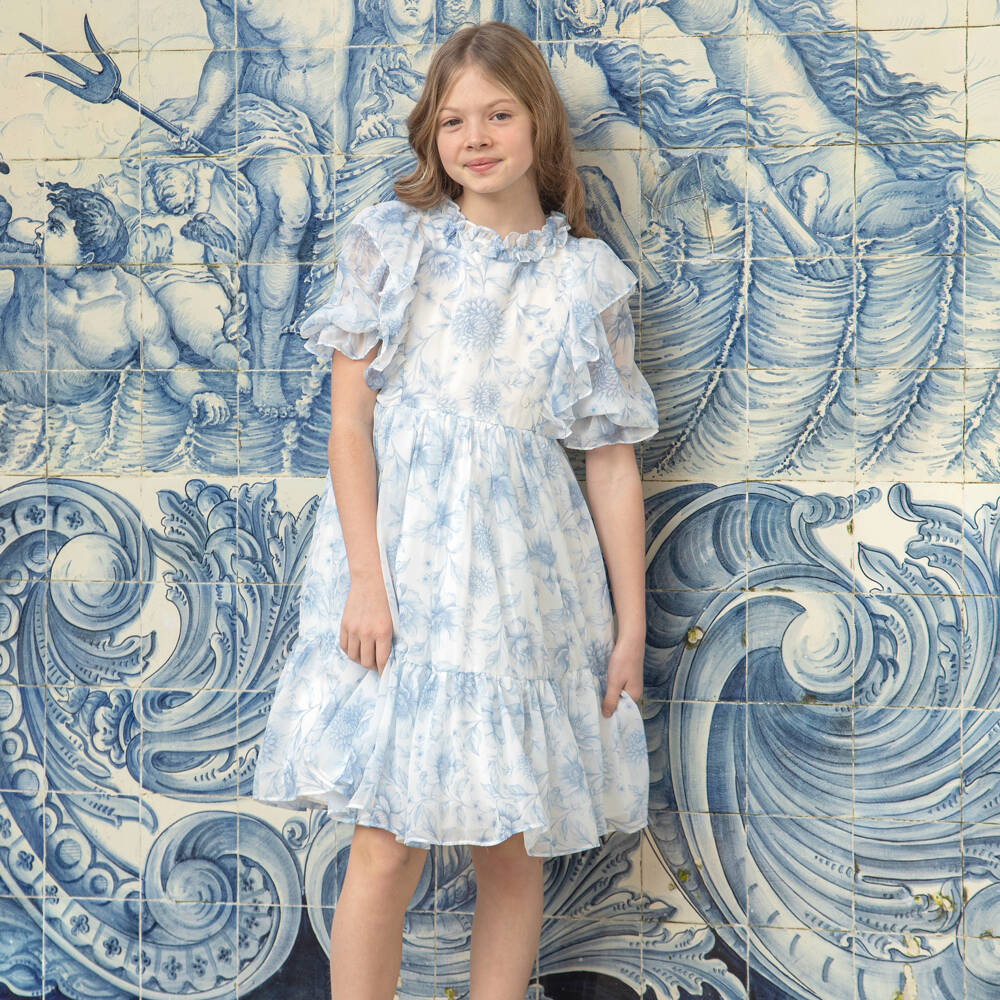 Patachou-Платье шифоновое белое с синим цветами для девочек | Childrensalon