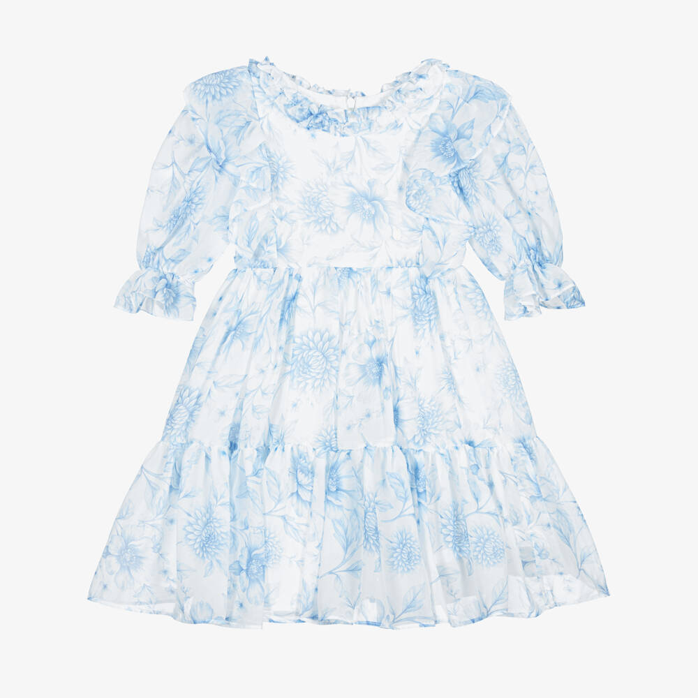 Patachou-Girls White Chiffon Dress with Blue Floral Print | Childrensalon