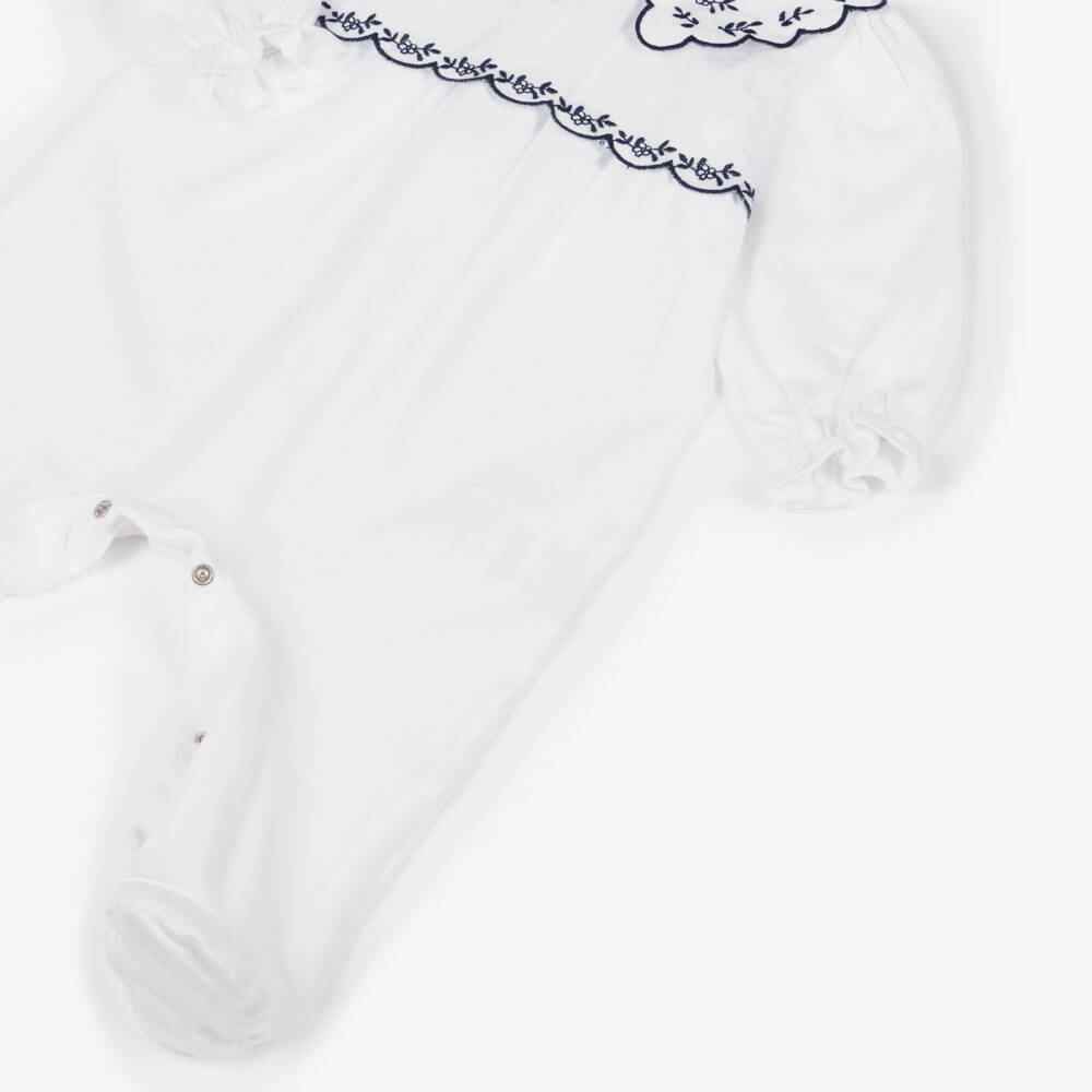 Patachou-Girls White Cotton Babygrow with Navy Blue Embroidery | Childrensalon